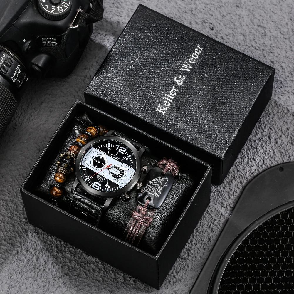 Men Watch Luxury Set Wolf Bracelet Black Quartz Watches Crown Bead Bracelets Male Wristwatch Gift Boyfriend Husband Reloj Hombre