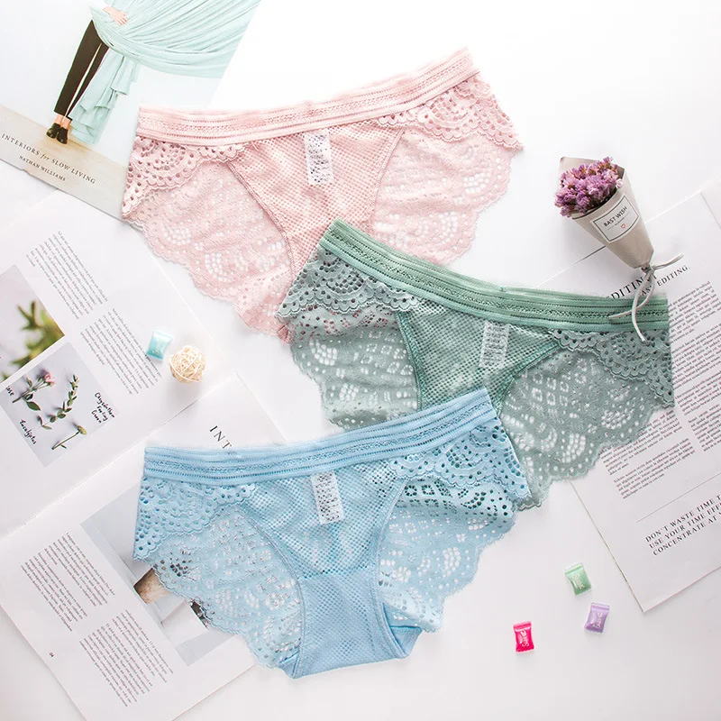

Wasteheart Women Fashion Green Pink Blue Mesh Cotton Lace Trim Low Waist Panties Underwear Lingerie Briefs 3 Piece 3 Color M L