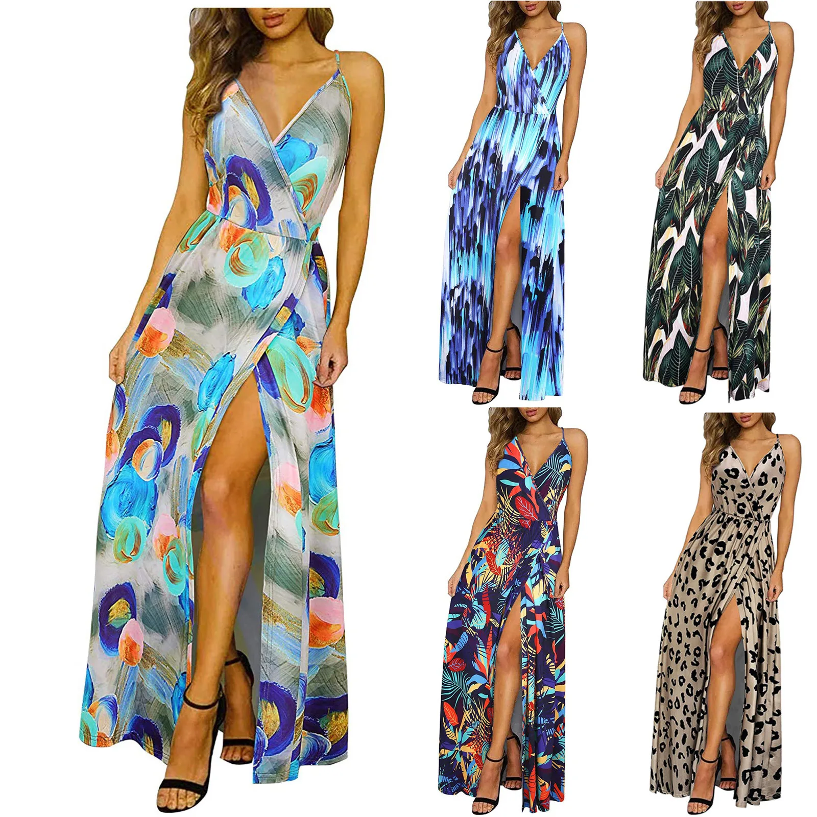 

Women Fashion V-neck Sleeveless Floral Print Sling Dress Casual Long Maxi Dress Robe Femme 2021 Nouveau
