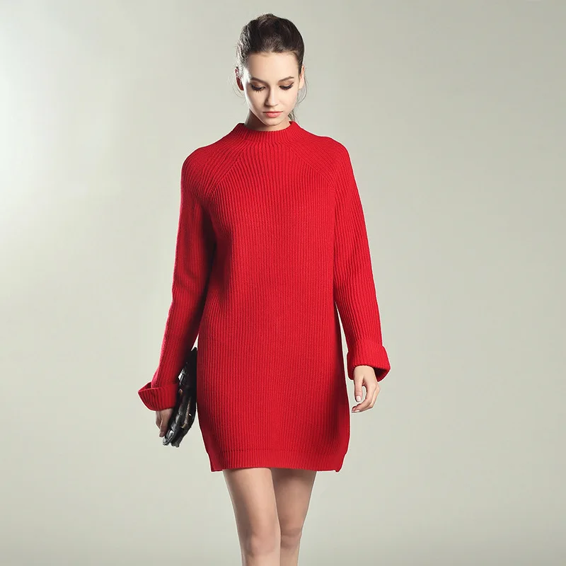 

European and American plus size women's autumn and winter new long-sleeved knitted dresses and mid-length sweater women