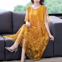 plus size summer dress women round neck short sleeve 2021 mesh embroidered elegant vintage dress m 5xl