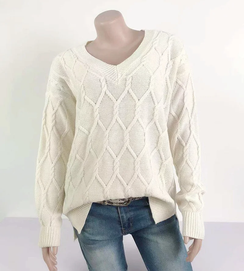 Autumn 2019 Pullover knitted sweaters winter women Sweater female twist v-neck split fork sweater knit | Женская одежда