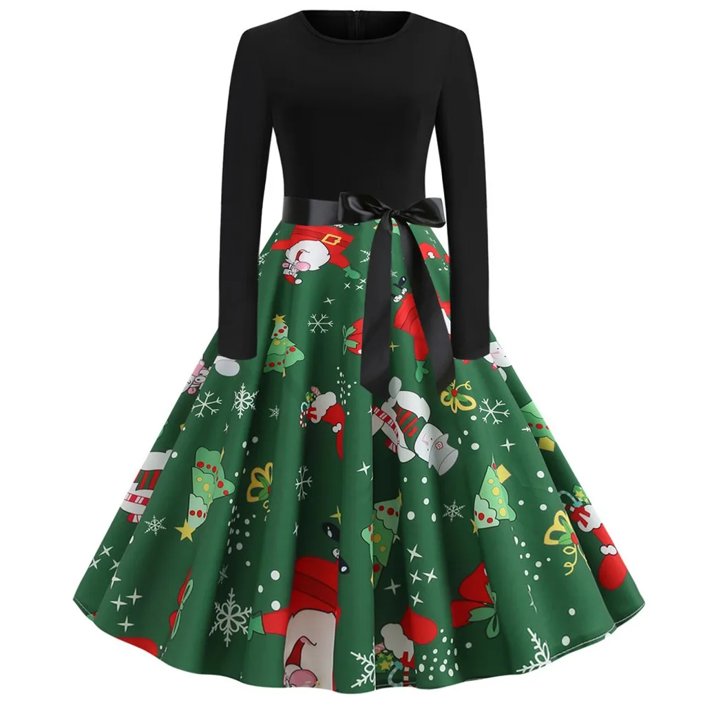 Christmas Print Women's dress Fashion Patchwork Sundress Female Sexy Off-Shoulder Zipper Hepburn Style High waist Party Dress | Женская