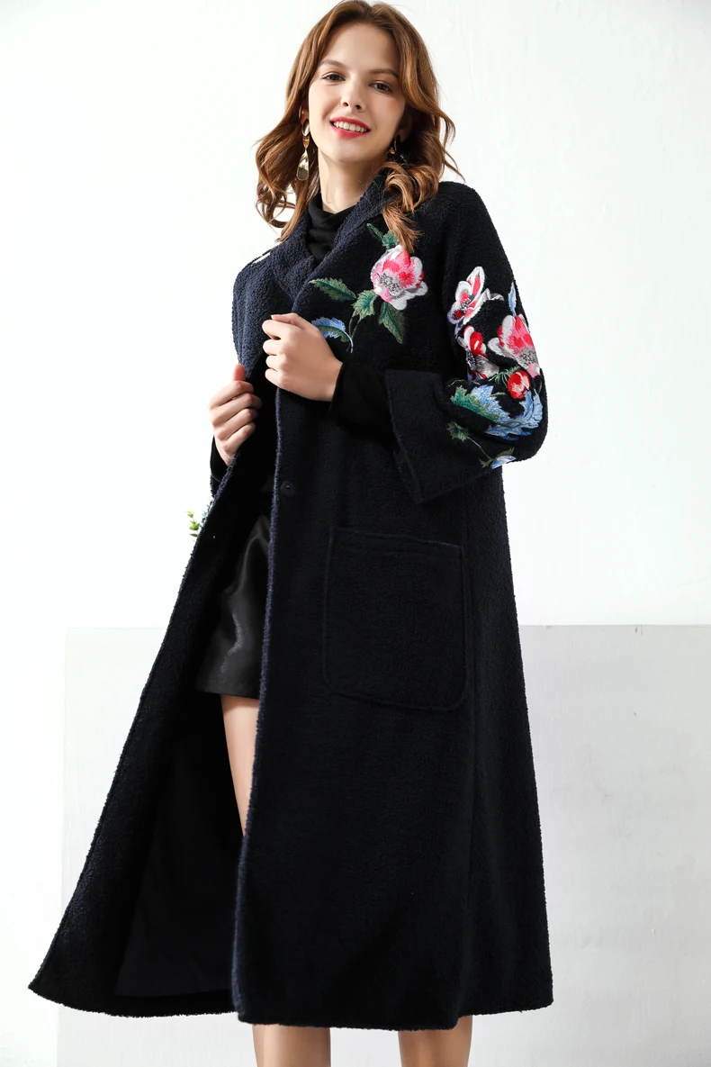 Женское подиумное пальто со стоячим воротником с длинными рукавами цветочной