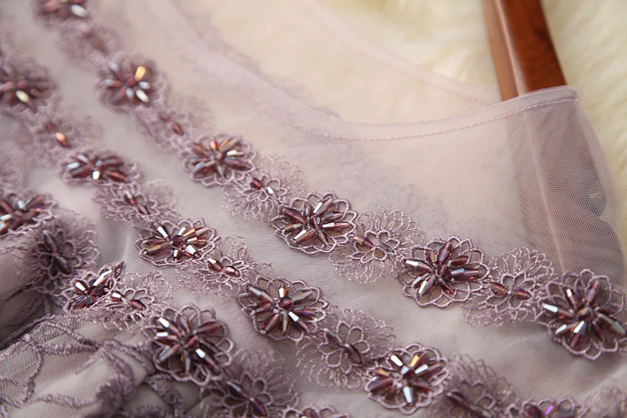 

European and American women's wear for summer 2021 Short sleeve heavy nail beads Fashion mesh embroidered dress