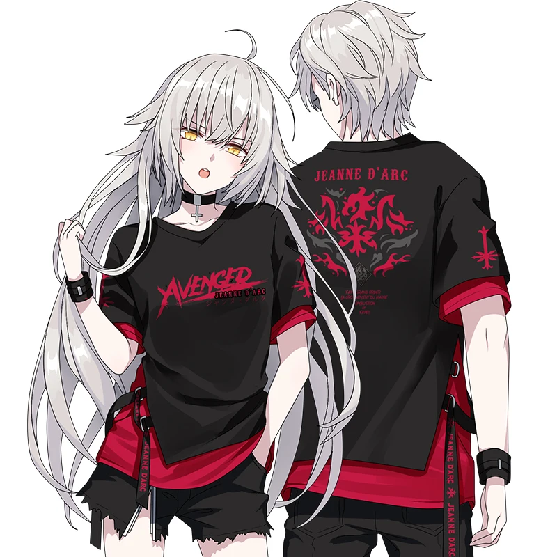 

Anime Fate Grand Order Joan of Arc Cosplay T-Shirts Black Red Short Sleeve Top Unisex Fake 2pcs Shirt
