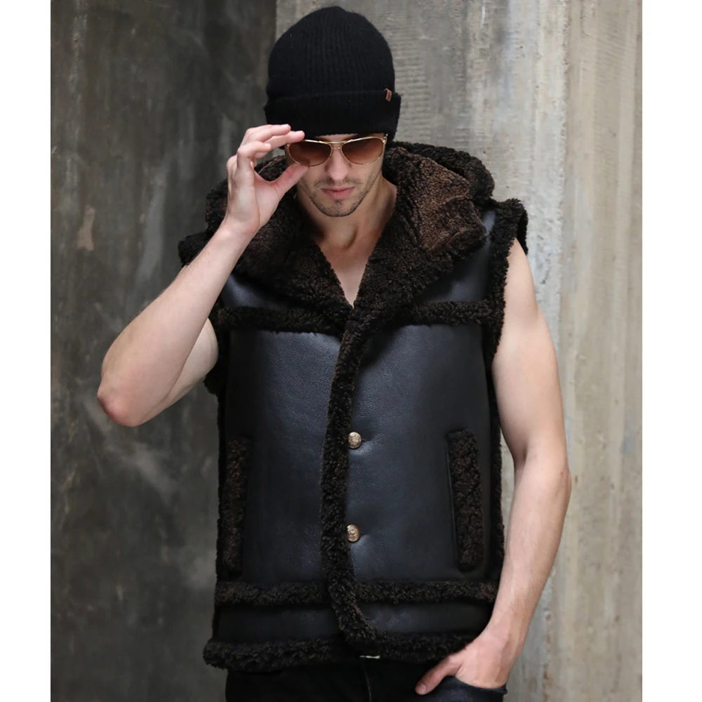 Шуба из овчины с подкладкой из меха овчины Cool Shan с капюшоном и отстегивающимися рукавами для мужчин на зиму.