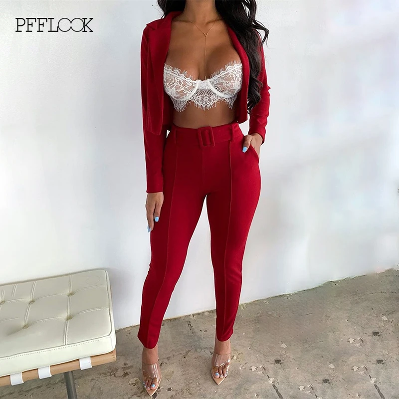 Winered PFFLOOK летний комплект из двух предметов для работы OL пиджак и шорты женский комплект 2 шт. поясом с рукавом 3/4 Женский комплект из двух предметов - Цвет: Winered