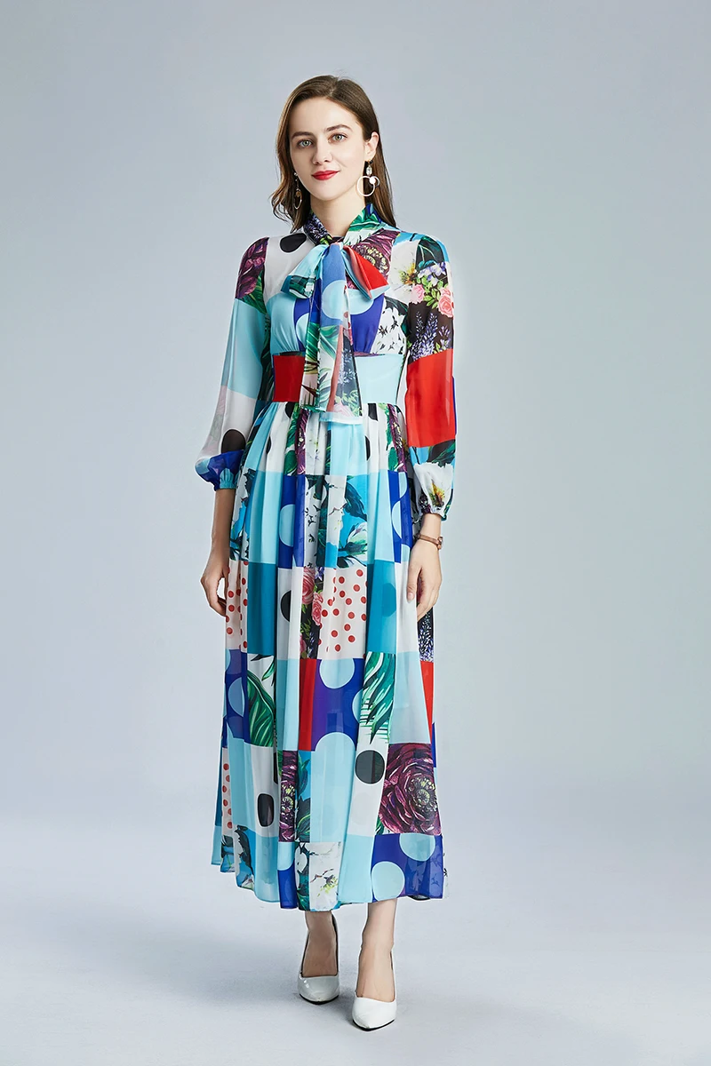 Женское шифоновое платье-миди с бантом на воротнике трапециевидного силуэта -