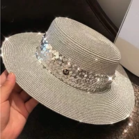 new large brim straw hat summer hats for women sequin shiny fashion beach cap boater flat top sun hat