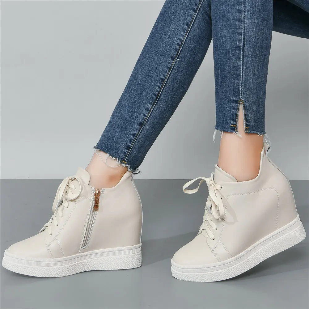 

Med Top Fashion Sneakers Women Lace Up Genuine Leather Wedges High Heel Pumps Shoes Female Platform Oxfords Shoes Casual Shoes