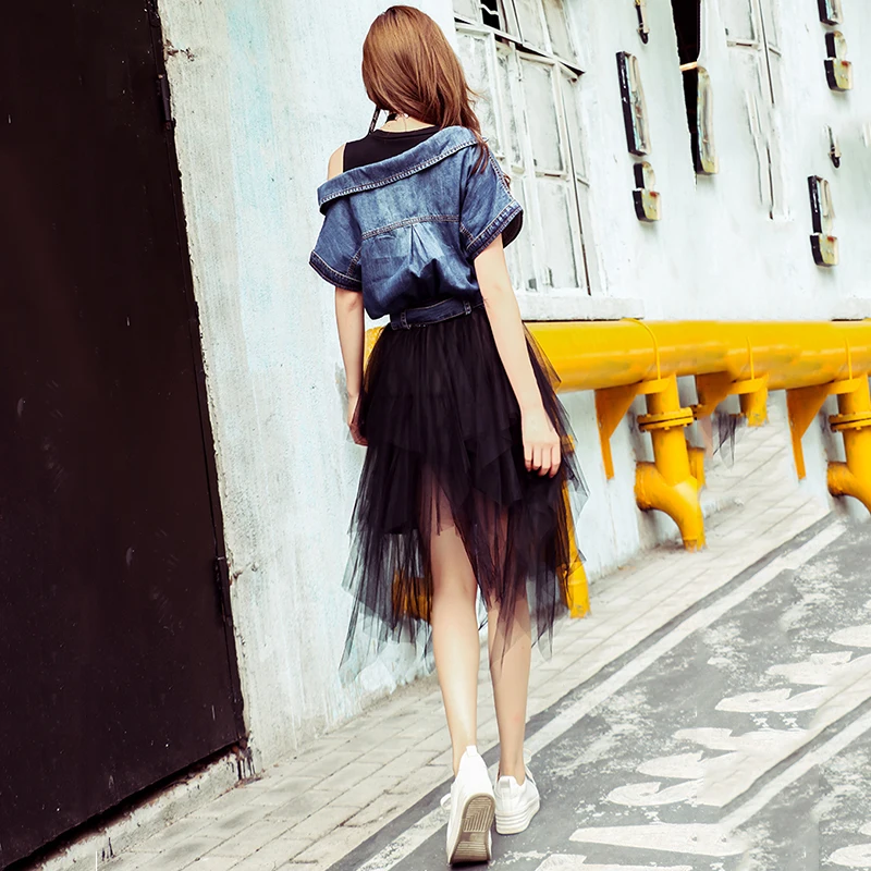 

SeeBeautiful Mesh Stitching Denim Irregular Loose A-line Dress O Neck Short Sleeve Belt New Fashion 2021 Spring Women E049