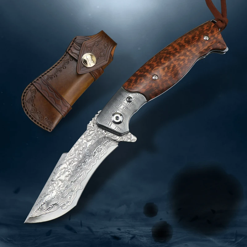Cheetah Damascus Steel Folding Knife  Wooden Handle Outdoor Tools EDC Hunting Pocket Survival Tools Collection With Sheath Knive