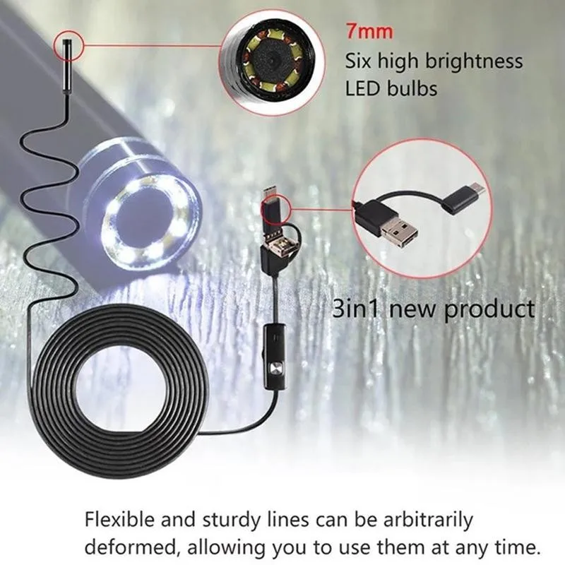

7mm Three-in-one Type-c Endoscope Camera Auto Repair Car Industrial Light Led Tools Maintenance Pipe Supplies Endoscope L1J8