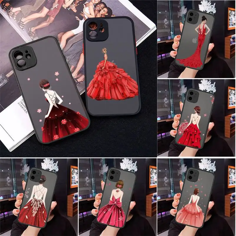 

Fashion cartoon red dress girl Phone Case Matte Transparent for iPhone 7 8 11 12 s mini pro X XS XR MAX Plus cover funda