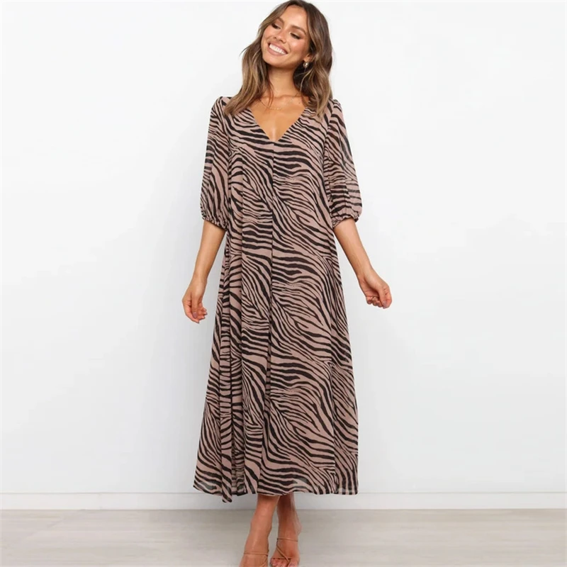 

Summer Classic Women's Zebra Stripes Dress Half Sleeve Loose Women Casual Dresses V-Neck Pullover Lace Office Lady Clothing 2021