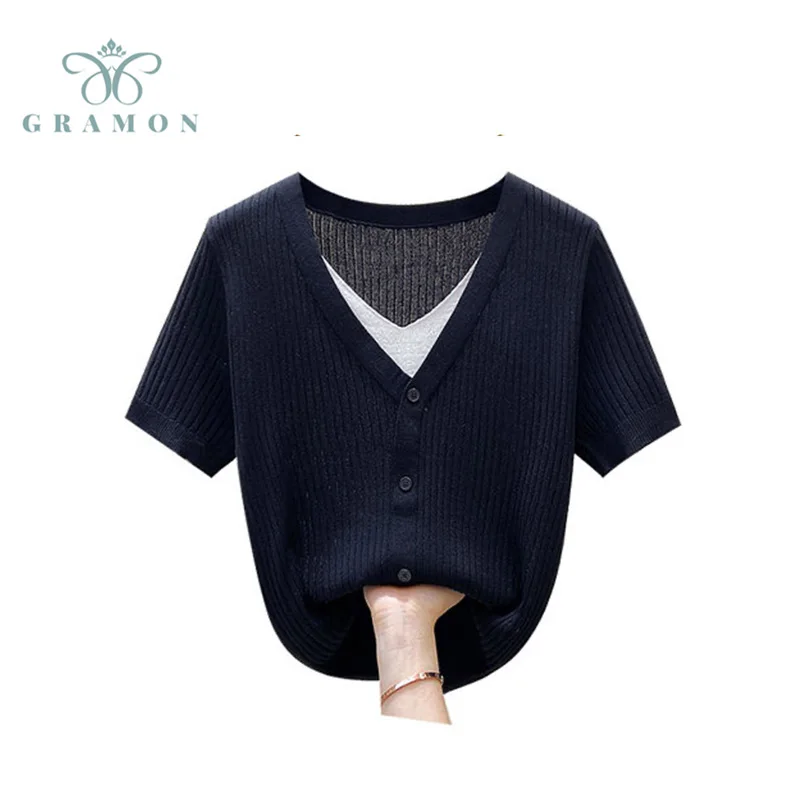 

New Fake Two Piece Singles Breasted T-shirt Women 2021 Plus Size Striped Knitted Top Summer Korean Short Sleeve Female T-Shirt