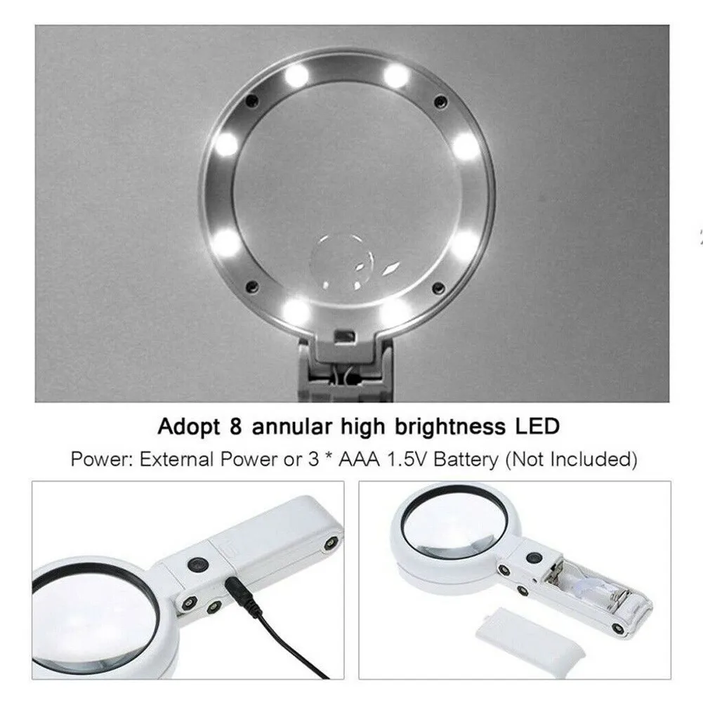 

Large Magnifying Glass With Light 8 LED Magnifier Foldable Stand Desk Read White 1 XMagnifying Glass 1XUSB Charging Cable