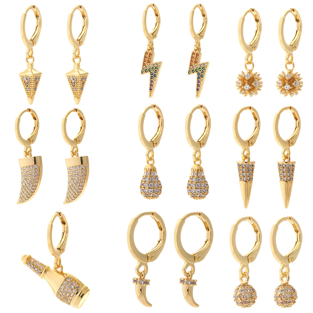 

Dangle Earrings for Women Gold Geometric Pendant Earring with Cone Spherical Charms Female Copper Pave Zircon CZ Korean Fashion