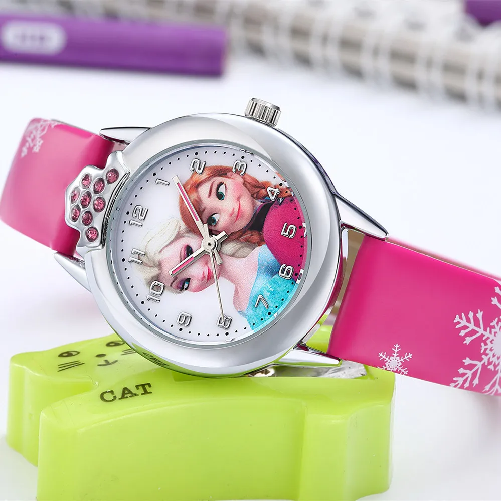 

Disney Frozen Princess Anime Figure Children Watch Fashion Crystal Cartoon Leather Quartz Wristwatch for Girls Kids Toy Gift