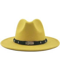 hot men women wide brim wool felt fedora panama hat with belt buckle jazz trilby cap party formal top hat in pinkblack 56 60cm