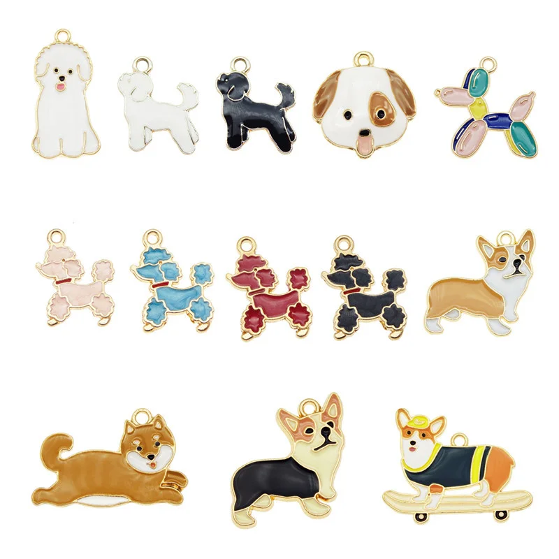 Julie Wang 13PCS Enamel Dog Charms Mixed Corgi Poodle Teddy Shiba Alloy Animal Pendants Jewelry Making Necklace Accessory |