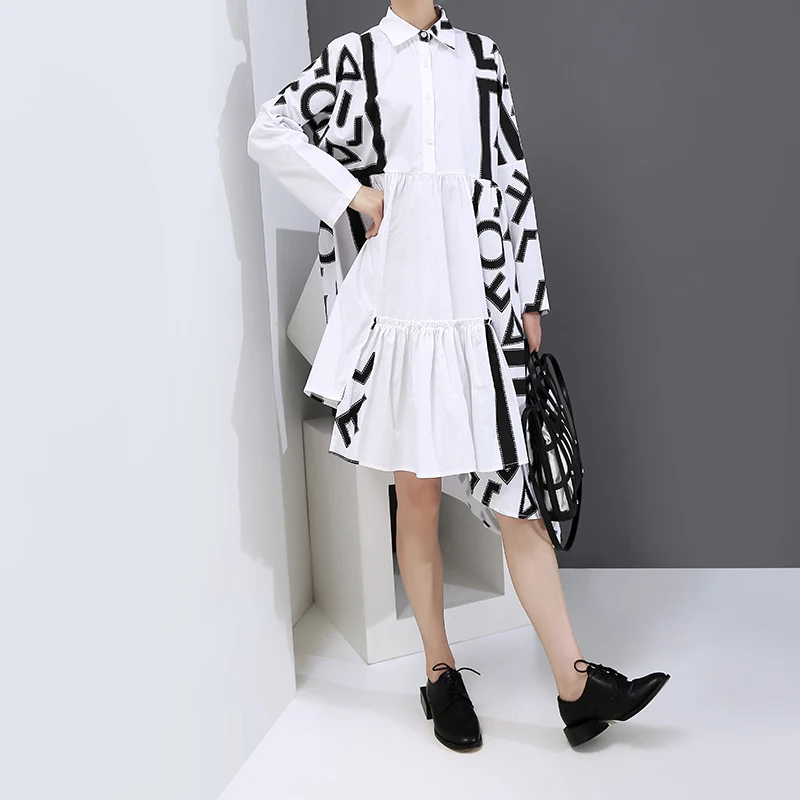 

Qeils New Woman Casual Streetwear White Shirt Dress Long Sleeve Geometrical Pattern Printed Plus Size Lady Midi Dress Robe Style
