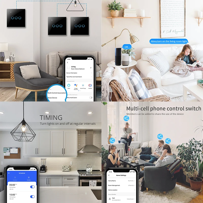 Настенный выключатель Wi-Fi сенсорный без нейрорального провода RF433Mhz американский