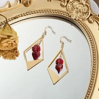 womens high end earrings rose epoxy real flower metal hollow geometric rhombus earrings 2021 trends girls fashion jewelry gift