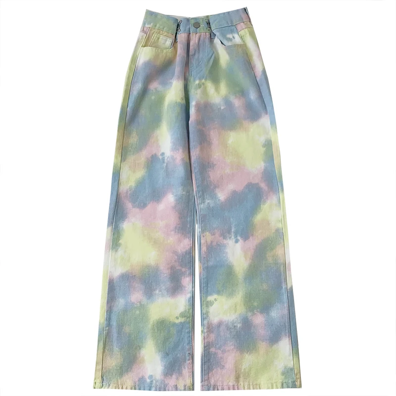 

Rainbow Tie Dye Summer High Waist Loose Simple Wild Straight Denim Pants