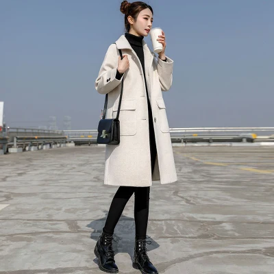 

Korea 2020 Autumn And Winter Coat Women Loose Pocket White Intage Women's Coats Single Breasted Tweed Coat