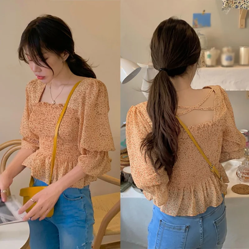 

Summer women Square Collar dots Blouses vintage lantern sleeve chiffon shirt blusas mujer de moda