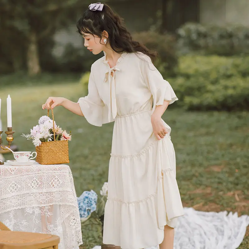 Французский стиль Vestidos женственность Длинные платья Тонкий элегантный бант