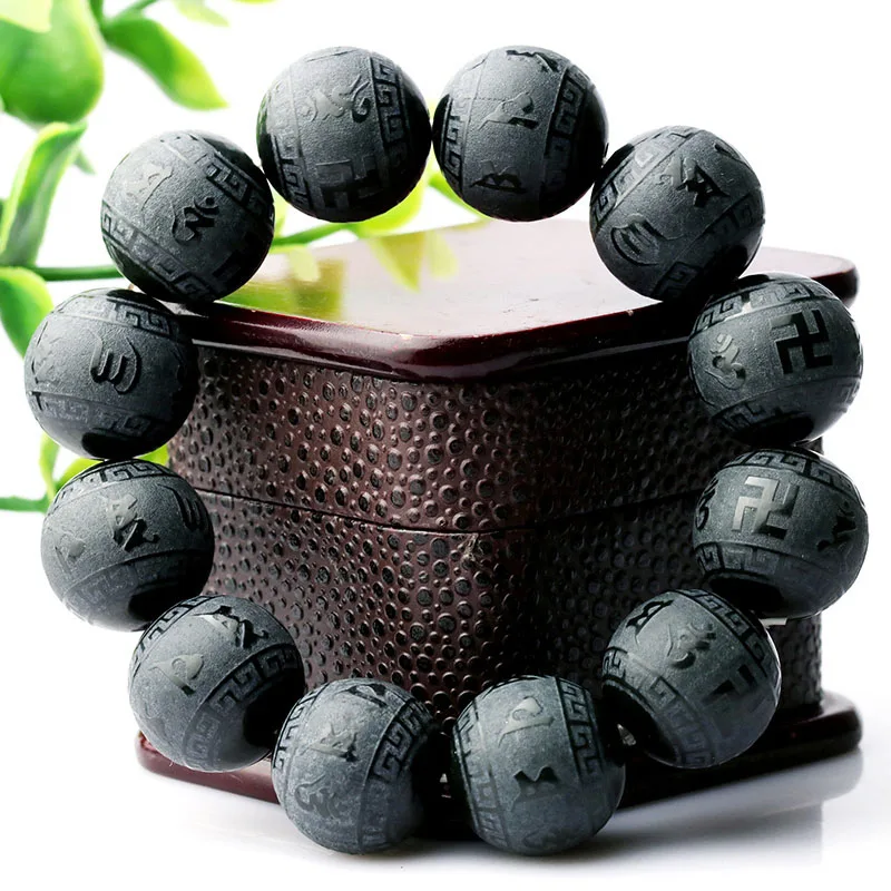 Natural XinJiang HeTian Jade Dragon beads Bracelets Lucky Amulet Stone Round Beads Six-word Mantra Bracelet For Women Men | Украшения и