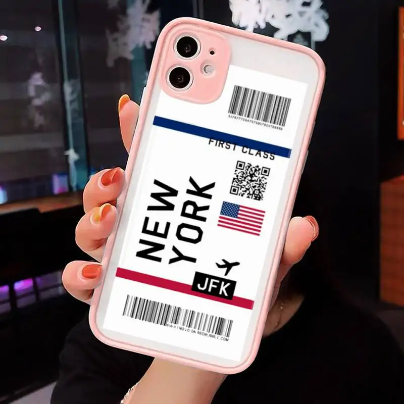 

Air ticket Phone Case For iPhone 12 11 Mini Pro XR XS Max 7 8 Plus X Matte transparent Pink Back Cover