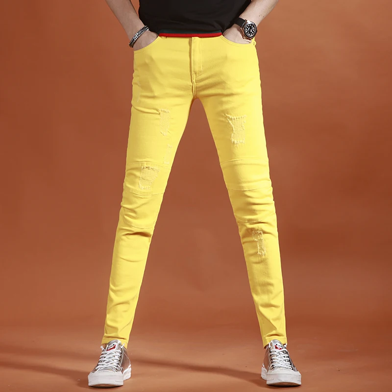 2023 New Yellow Jeans Men Fashion Slim Fit Straight Pants Summer Streetwear Thin Ripped Patch Denim Trousers