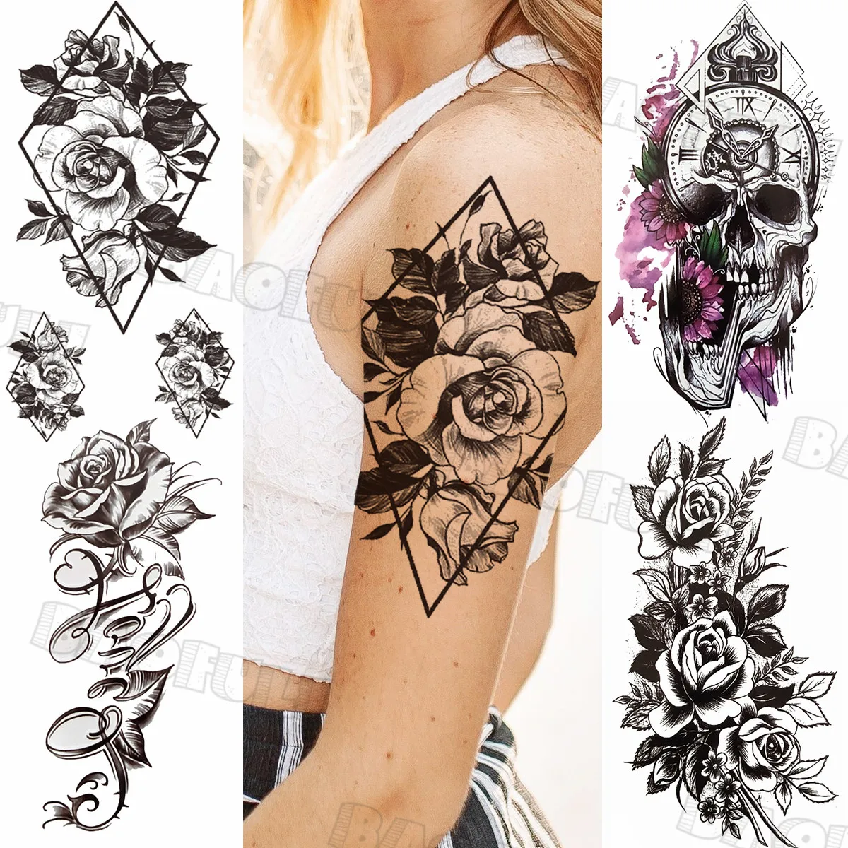 

Black Geometric Rose Temporary Tattoos For Women Girl Skull Compass Dahlia Realistic Fake Tattoo Waterproof Body Art Tatoo Decal