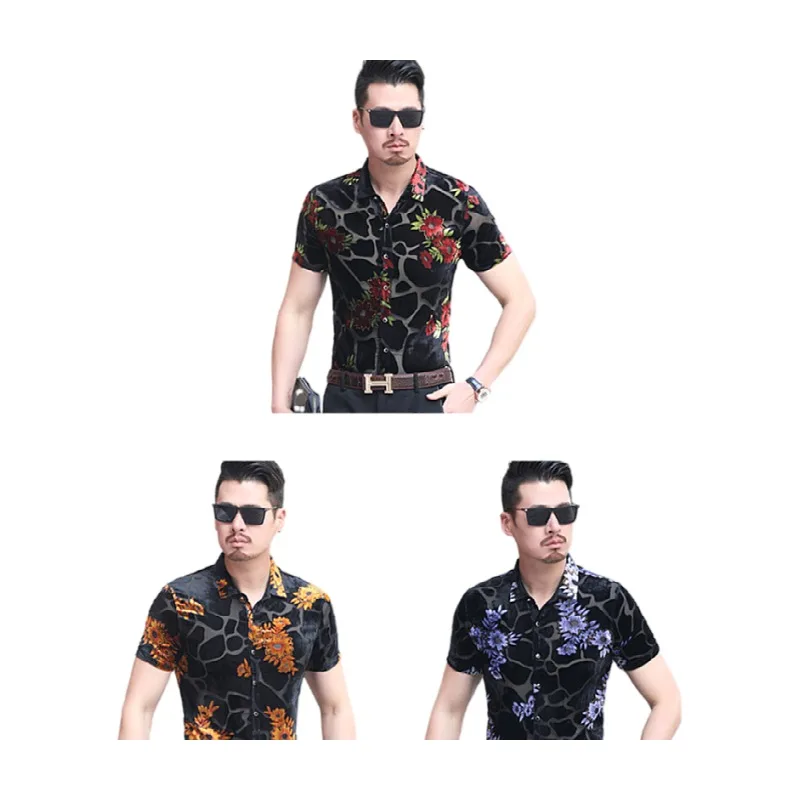 

2021 Nightclub party lace transparent flower velvet t shirt homme short sleeve gold floral embroidered oversized t shirt for men