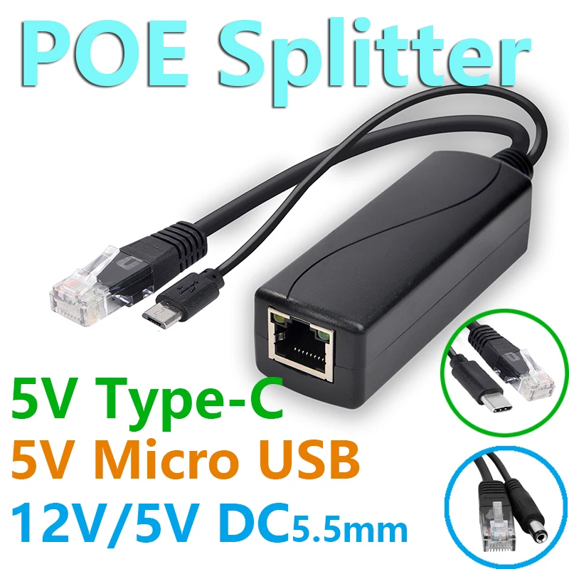PoE Splitter 5v POE usb tpye-C Power Over Ethernet 48V To 5V Active Micro USB Plug for Raspberry Pi | Безопасность и защита