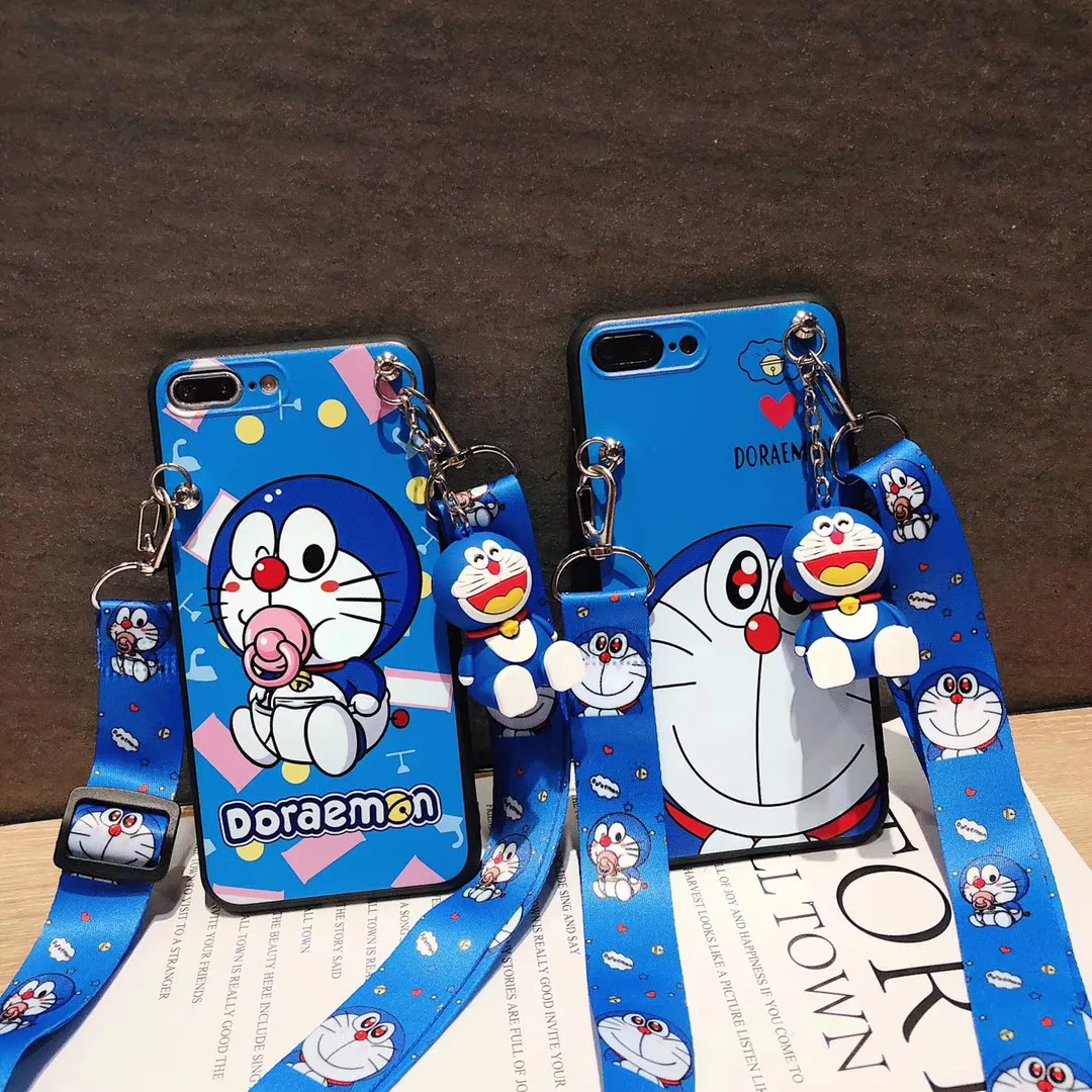 Милый мультяшный комплект Doraemon чехол для телефона с ремешком iPhone 6 7 8plus 11 12 13 14pro X XS