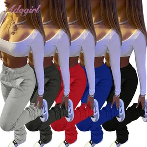 Stacked Pants Women Solid High Waist Drawstring Bell Bottom Flare Pleated Pants Casual Active Leggin