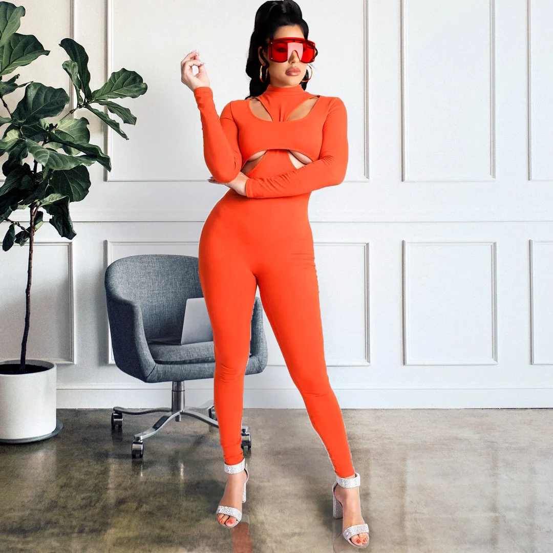 

Спортивный однотонный комбинезон для фитнеса, женский сексуальный комбинезон с вырезами, леггинсы с длинным рукавом, боди, клубный комбинезон, комбинезон, верхняя одежда