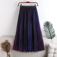2021 new summer skirts woman mid calf mixed color gradient mesh skirt a line elegant female glitter tulle skirt faldas saias