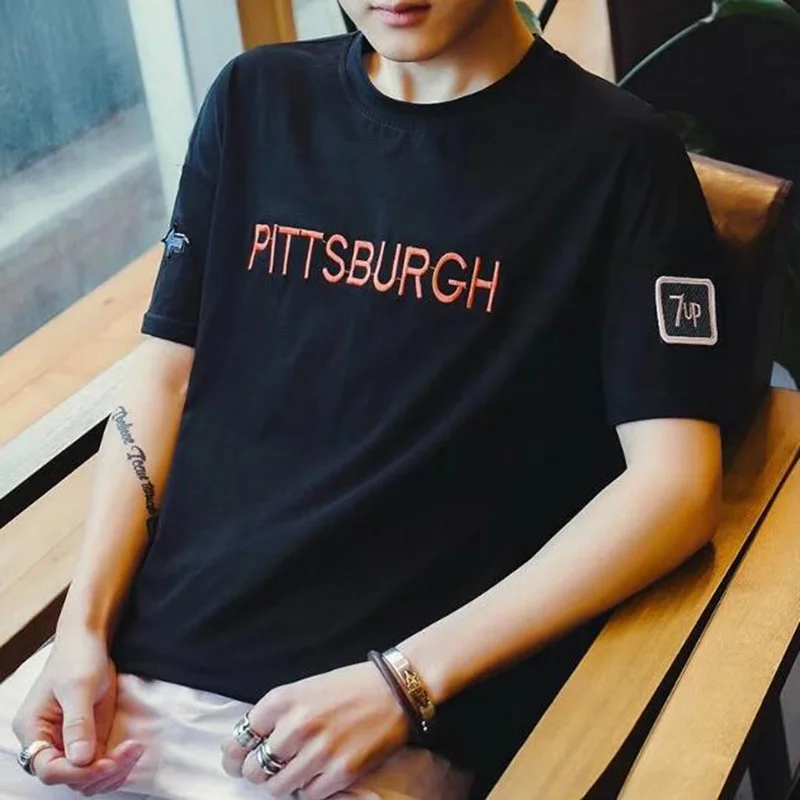 Korean Style T Shirt For Men 2020 Short Sleeve Silm Man Tshirt Casual Letter Embroidery Tee Tops M-3XL | Мужская одежда