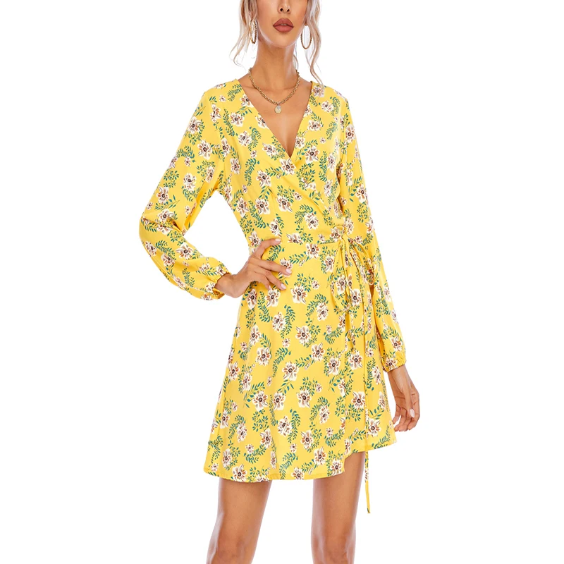 

New Summer Dress Women V-neck Bohemian Beach Holiday Belt Green Floral Print Long Sleeve Dress 2021 Bandage Sexy Party Dresses