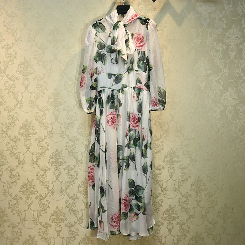 

Luxury Designer Brand Dress for Women Sexy Bow Rose Printed Chiffon Long Dress