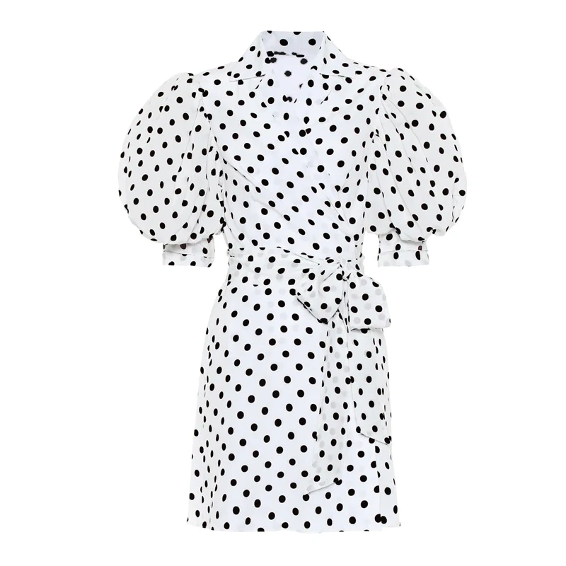 AEL Puff Sleeve Polka Dot Print Chiffon Dress Elegant Lace Up V Neck Women's Clothing With Belt Party Dress Summer - Цвет: Белый
