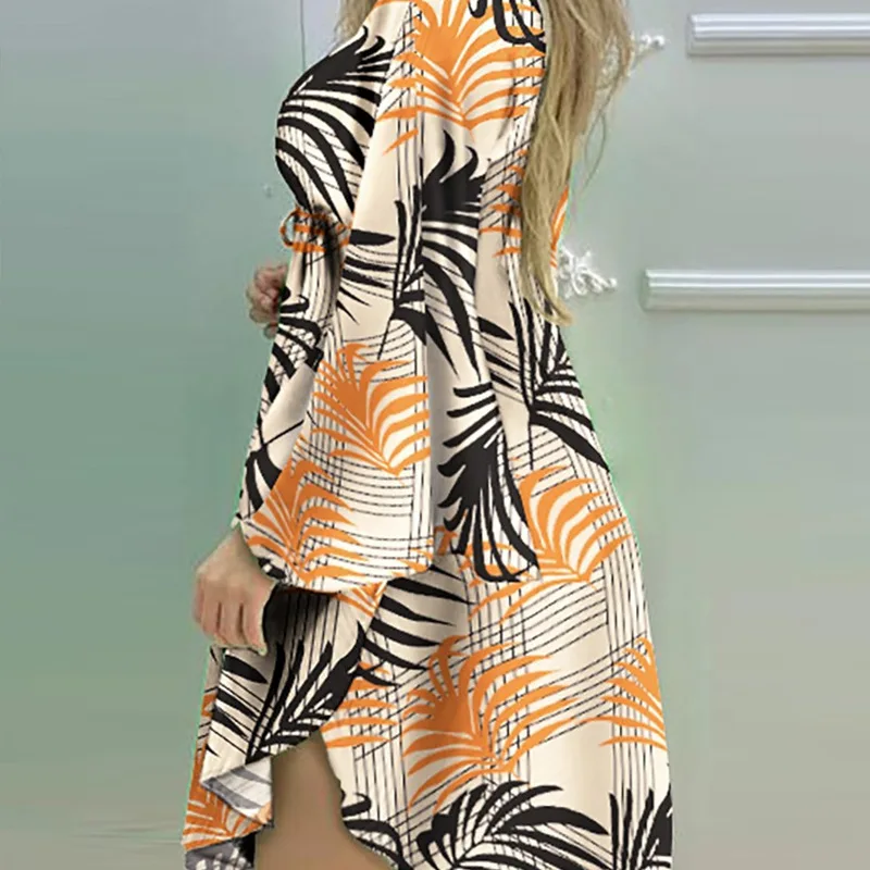 

Mandylandy Dress Women's Long Sleeve High Waist V-neck Irregular Sexy Mini Dress Summer Digital Printing Pleated Fashion Dress