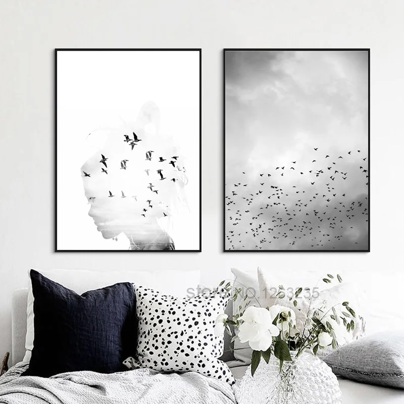 Черно-белая птица настенная живопись скандинавский плакат холст картины для