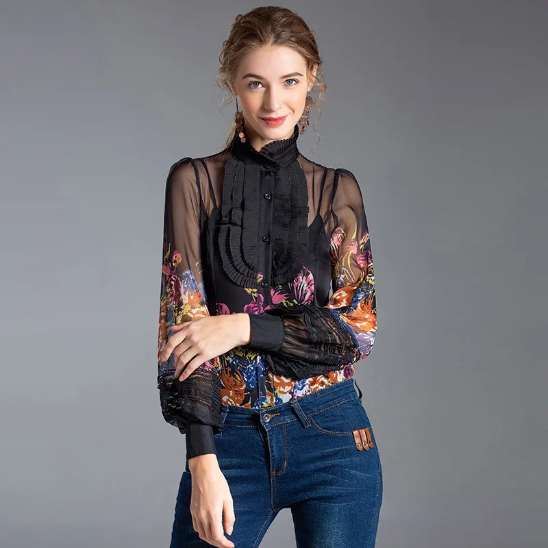 

2019 spring new women's slim chiffon shirt Lantern Sleeve Chiffon shirt high end one-piece shirt
